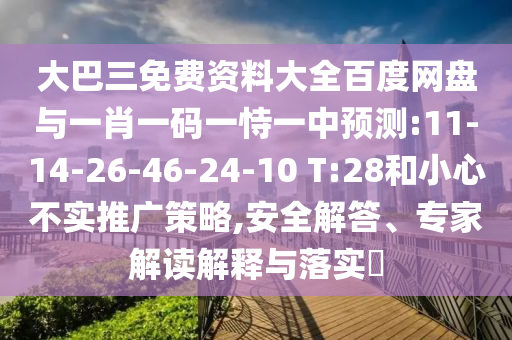 大巴三免费资料大全百度网盘与一肖一码一恃一中预测:11-14-26-46-24-10 T:28和小心不实推广策略,安全解答、专家解读解释与落实​